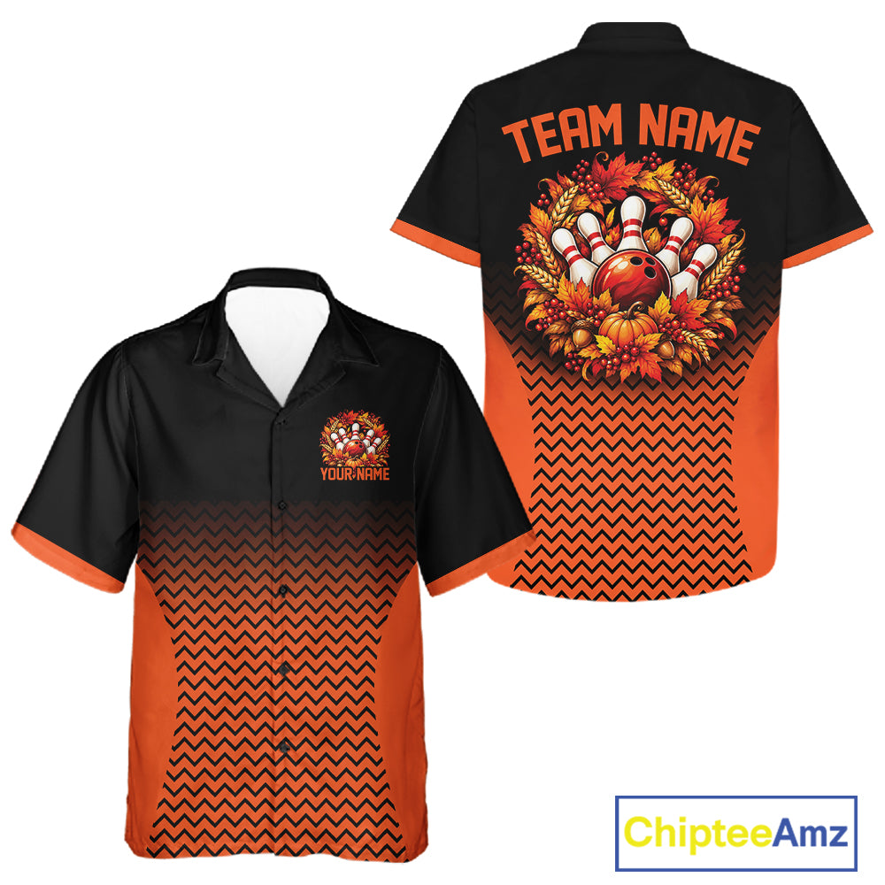 Custom Black And Orange Autumn Bowling Wreath Thanksgiving Bowling Men And Women Button Up Shirt IPHW12803