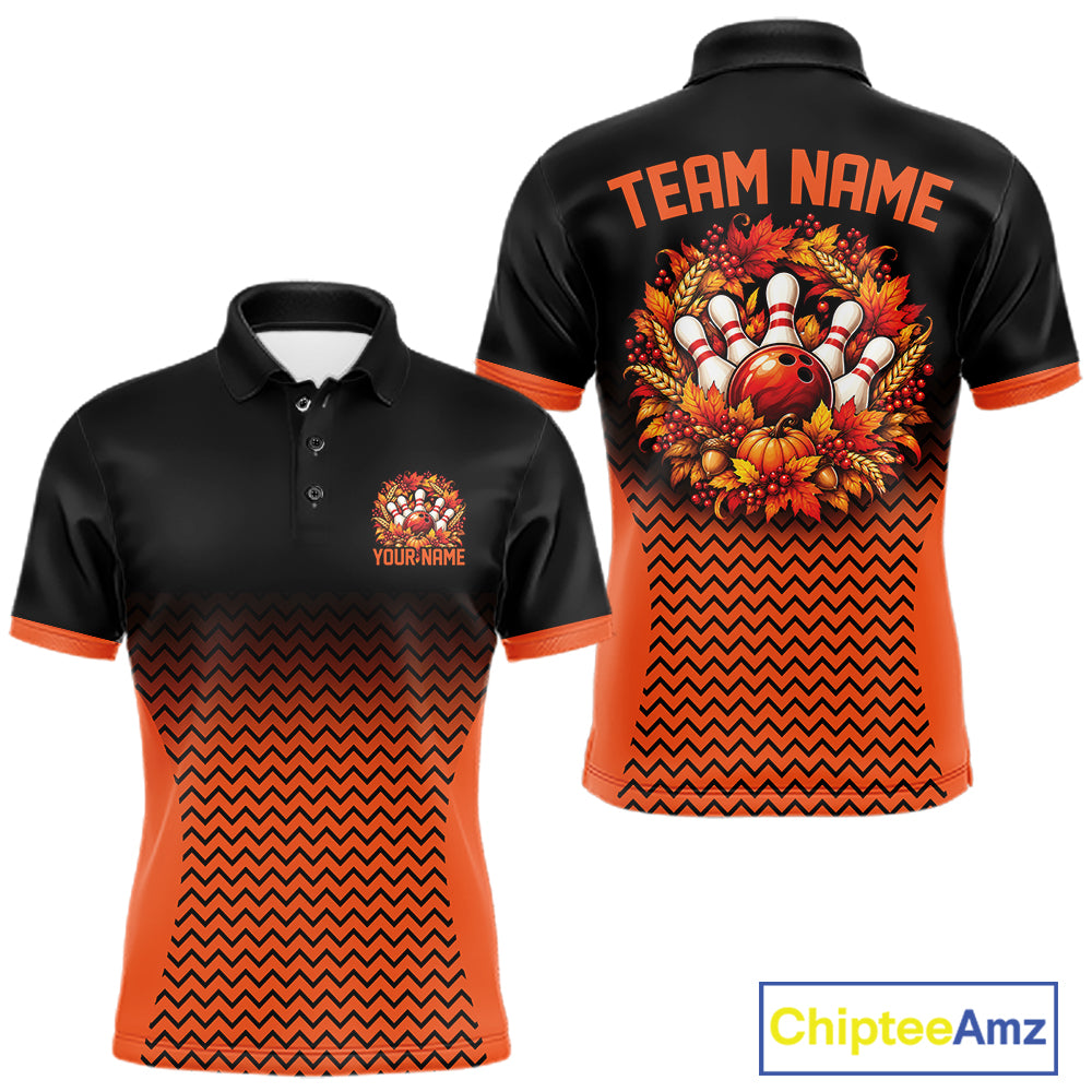 Custom Black And Orange Autumn Bowling Wreath Thanksgiving Bowling Men Polo Shirt IPHW12803