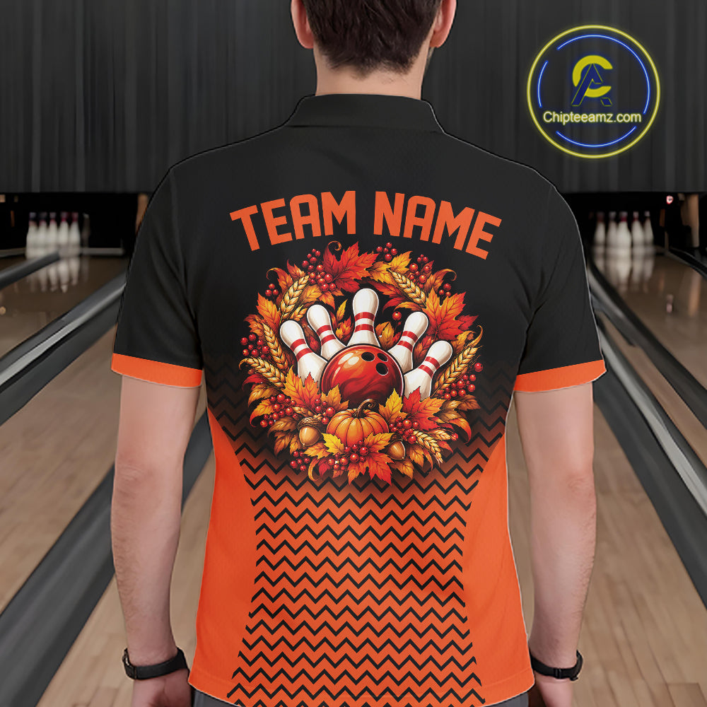 Custom Black And Orange Autumn Bowling Wreath Thanksgiving Bowling Men Polo Shirt IPHW12803