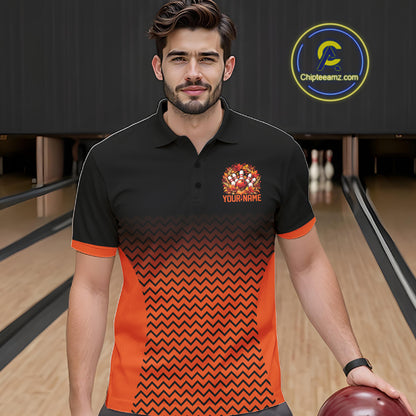 Custom Black And Orange Autumn Bowling Wreath Thanksgiving Bowling Men Polo Shirt IPHW12803