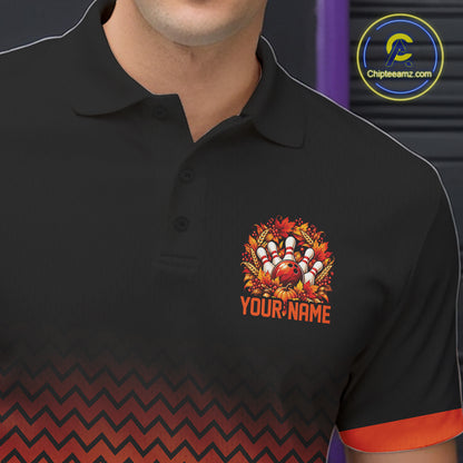 Custom Black And Orange Autumn Bowling Wreath Thanksgiving Bowling Men Polo Shirt IPHW12803