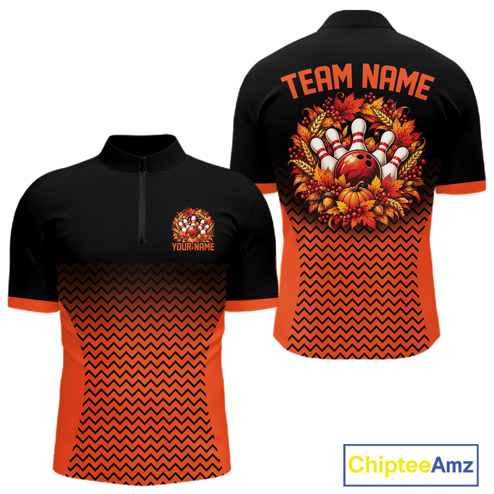 Custom Black And Orange Autumn Bowling Wreath Thanksgiving Bowling Men Quarter Zip Shirt IPHW12803
