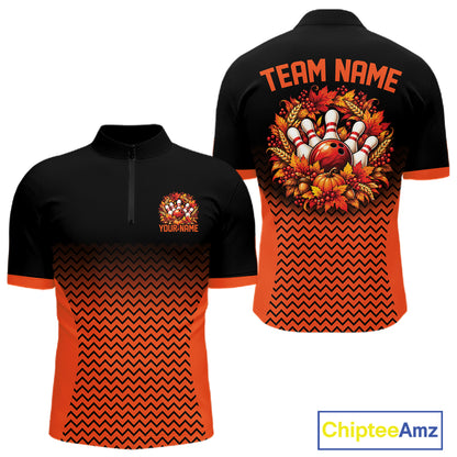 Custom Black And Orange Autumn Bowling Wreath Thanksgiving Bowling Men Quarter Zip Shirt IPHW12803