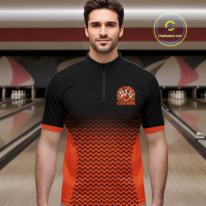 Custom Black And Orange Autumn Bowling Wreath Thanksgiving Bowling Men Quarter Zip Shirt IPHW12803