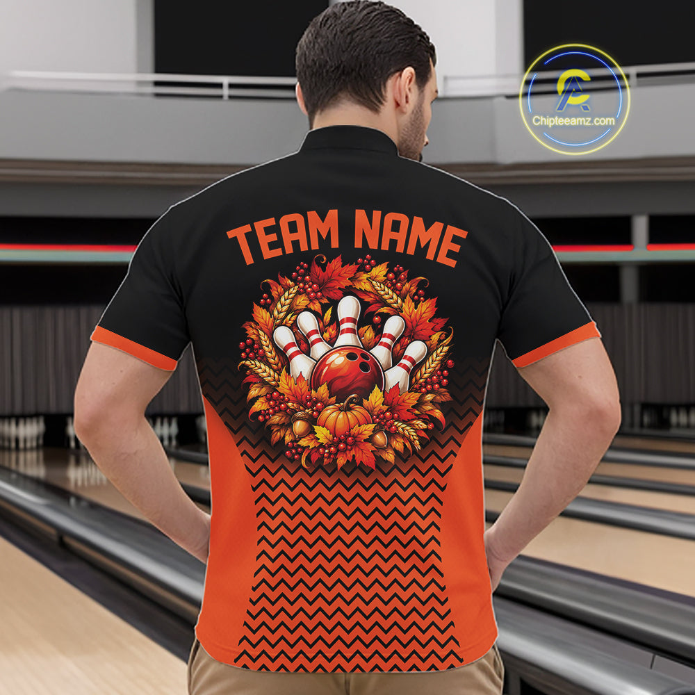 Custom Black And Orange Autumn Bowling Wreath Thanksgiving Bowling Men Quarter Zip Shirt IPHW12803