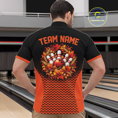 Custom Black And Orange Autumn Bowling Wreath Thanksgiving Bowling Men Quarter Zip Shirt IPHW12803