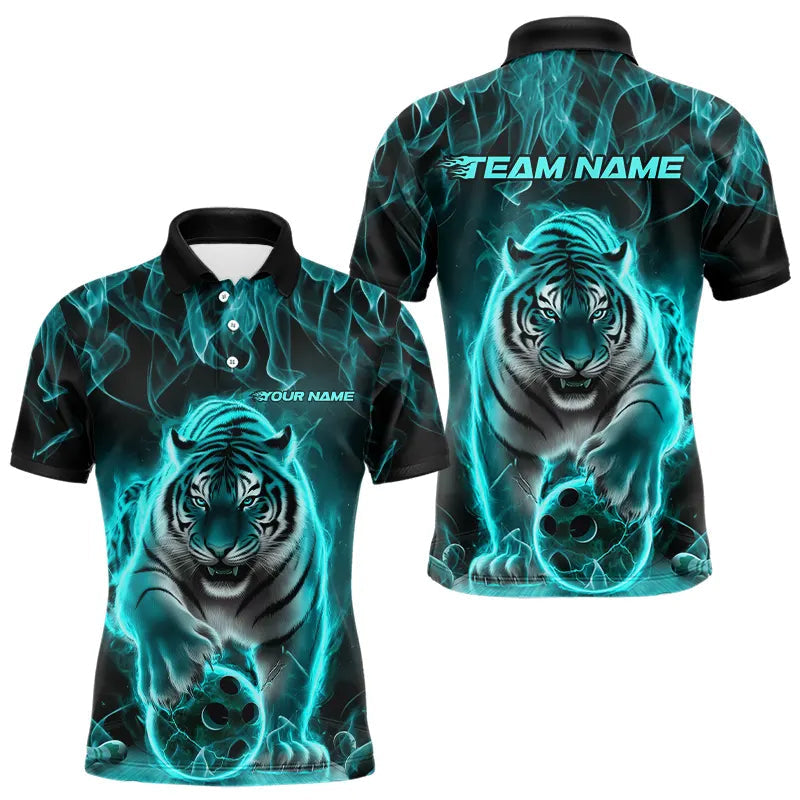 Custom Black And Blue Flame Tiger Bowling Team Polo Shirts For Men, Fire Bowling Jerseys IPHW8262