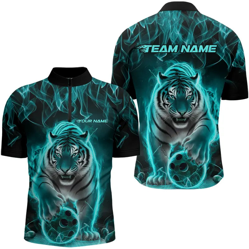 Custom Black And Blue Flame Tiger Bowling Team Quarter-Zip Shirts For Men, Fire Bowling Jerseys IPHW8262