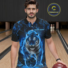 Load image into Gallery viewer, Custom Black And Blue Flame Tiger Bowling Team Polo Shirts For Men, Fire Bowling Jerseys IPHW8263
