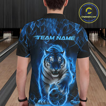 Load image into Gallery viewer, Custom Black And Blue Flame Tiger Bowling Team Polo Shirts For Men, Fire Bowling Jerseys IPHW8263