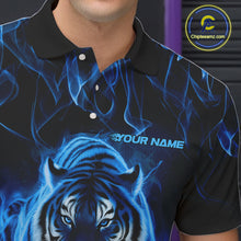 Load image into Gallery viewer, Custom Black And Blue Flame Tiger Bowling Team Polo Shirts For Men, Fire Bowling Jerseys IPHW8263