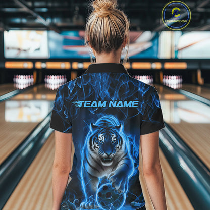Custom Black And Blue Flame Tiger Bowling Team Polo Shirts For Women, Fire Bowling Jersey IPHW8263