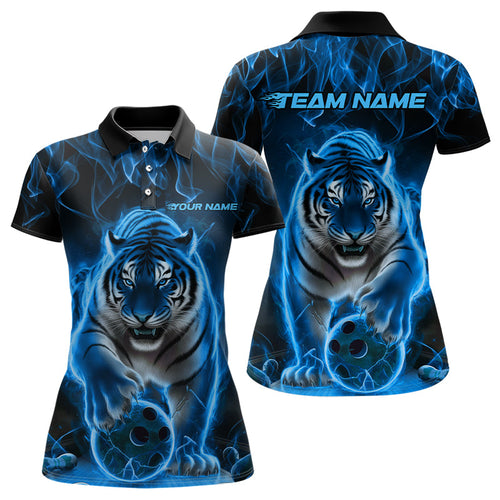 Custom Black And Blue Flame Tiger Bowling Team Polo Shirts For Women, Fire Bowling Jersey IPHW8263