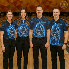 Load image into Gallery viewer, Custom Black And Blue Flame Tiger Bowling Team Polo Shirts For Men, Fire Bowling Jerseys IPHW8263