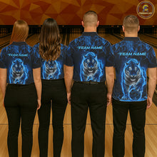 Load image into Gallery viewer, Custom Black And Blue Flame Tiger Bowling Team Polo Shirts For Men, Fire Bowling Jerseys IPHW8263