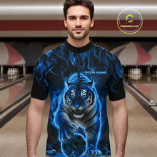 Load image into Gallery viewer, Custom Black And Blue Flame Tiger Bowling Team Quarter-Zip Shirts For Men, Fire Bowling Jerseys IPHW8263