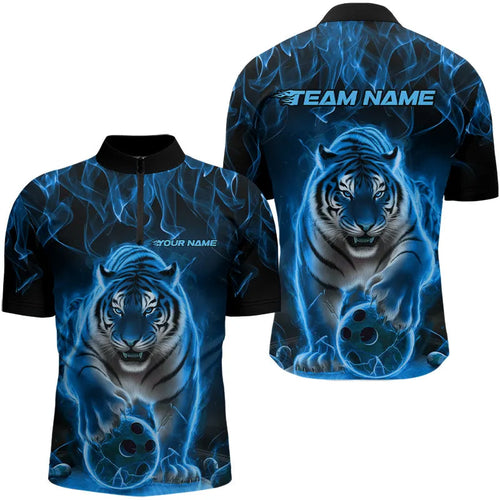Custom Black And Blue Flame Tiger Bowling Team Quarter-Zip Shirts For Men, Fire Bowling Jerseys IPHW8263