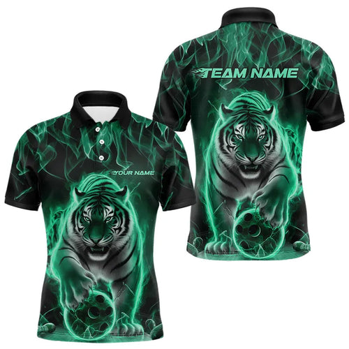 Custom Black And Green Flame Tiger Bowling Team Polo Shirts For Men, Fire Bowling Jerseys IPHW8264