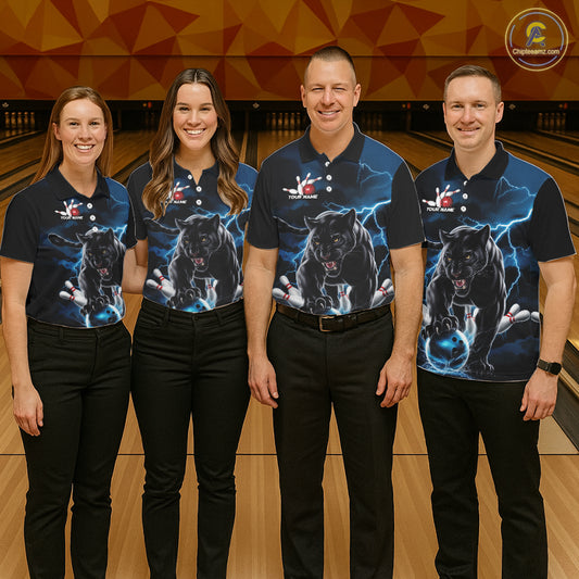 Blue Thunder Lightning Custom Panther Bowling Polo Shirts For Men, Panther Bowling Jerseys IPHW8272