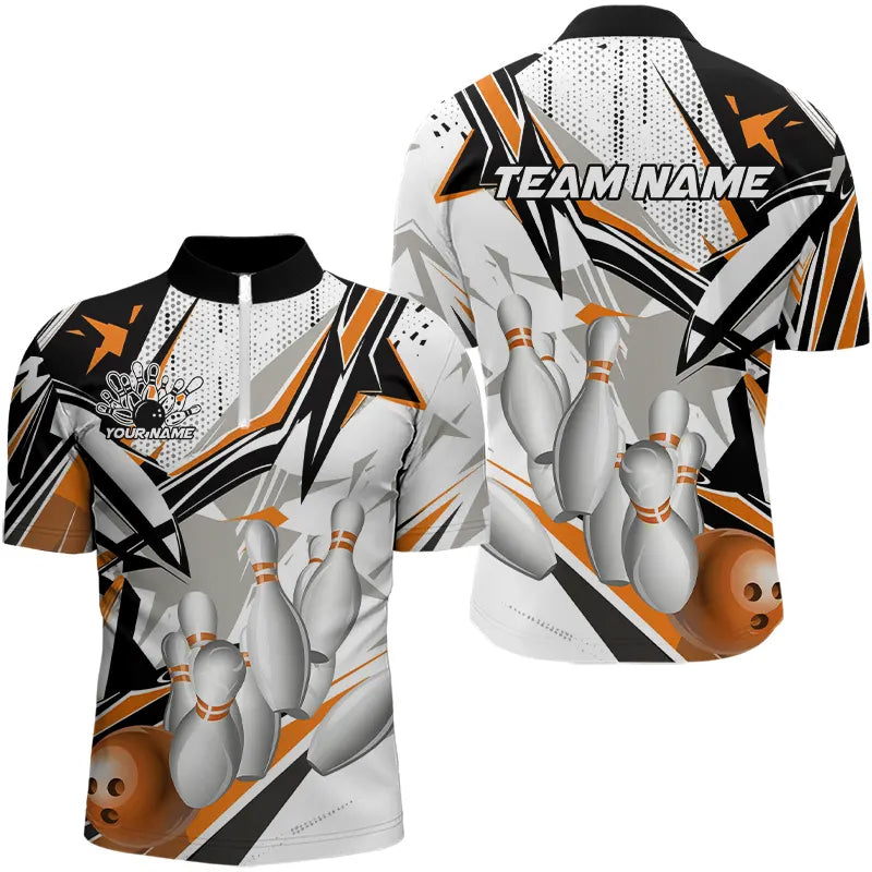White And Orange Custom Bowling Jerseys For Men, Team Bowling Quarter-Zip Shirts IPHW8274
