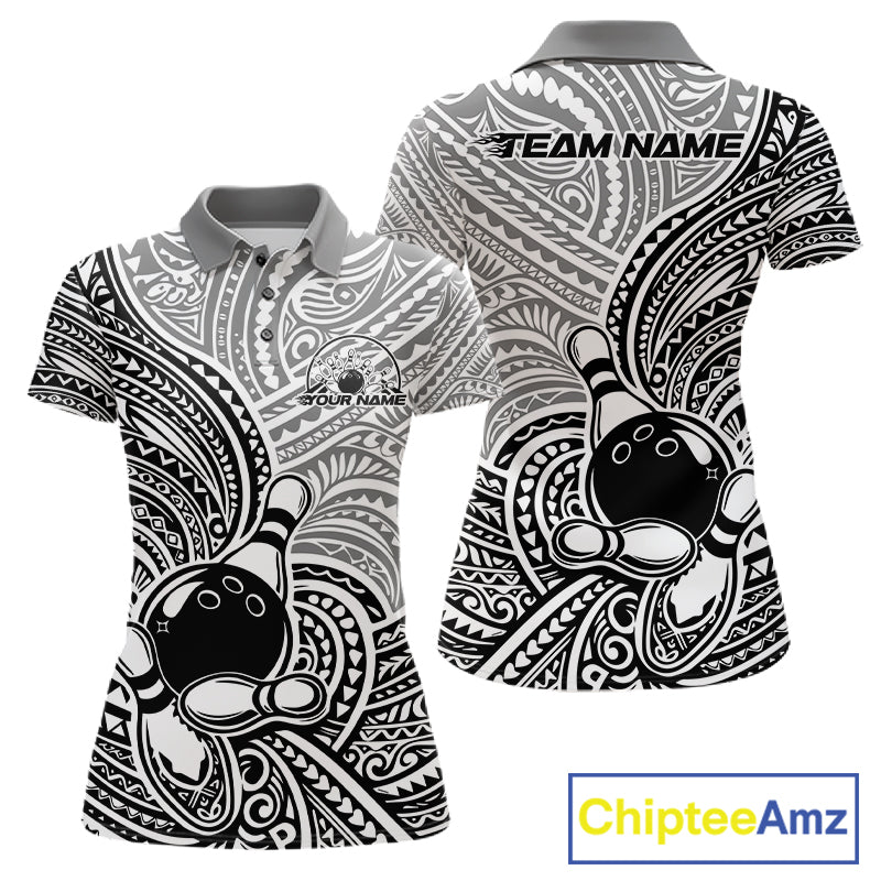Custom Black And White Traditional Samoan Tribal Polynesian Pattern Bowling Women Shirt IPHW10323