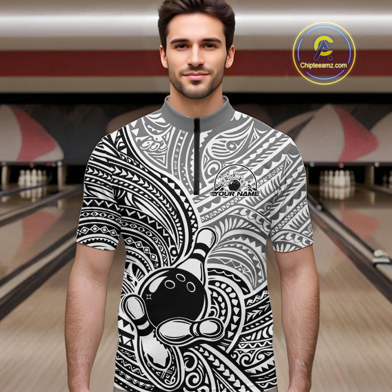 Custom Black And White Traditional Samoan Tribal Polynesian Pattern Bowling Men Shirt IPHW10323