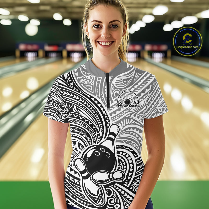 Custom Black And White Traditional Samoan Tribal Polynesian Pattern Bowling Women Shirt IPHW10323