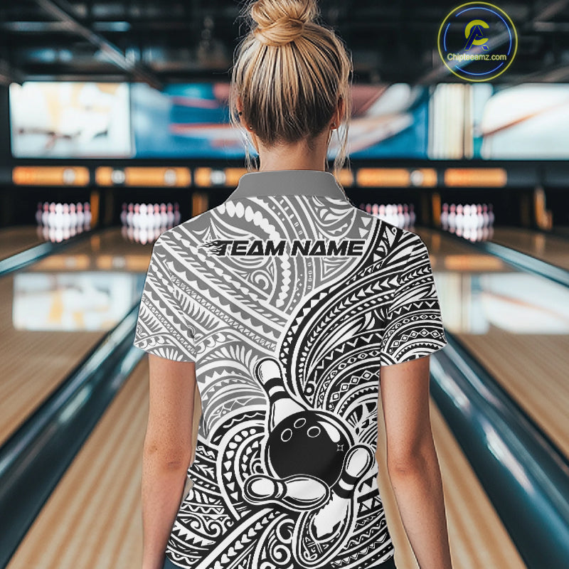 Custom Black And White Traditional Samoan Tribal Polynesian Pattern Bowling Women Shirt IPHW10323