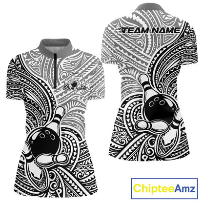 Custom Black And White Traditional Samoan Tribal Polynesian Pattern Bowling Women Shirt IPHW10323