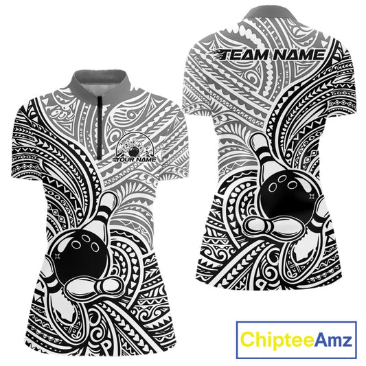 Custom Black And White Traditional Samoan Tribal Polynesian Pattern Bowling Women Shirt IPHW10323
