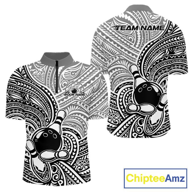 Custom Black And White Traditional Samoan Tribal Polynesian Pattern Bowling Men Shirt IPHW10323