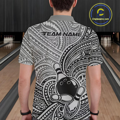 Custom Black And Gray Traditional Samoan Tribal Polynesian Pattern Bowling Men Shirt IPHW10324