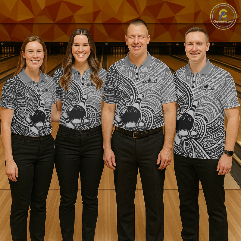 Custom Black And Gray Traditional Samoan Tribal Polynesian Pattern Bowling Men Shirt IPHW10324