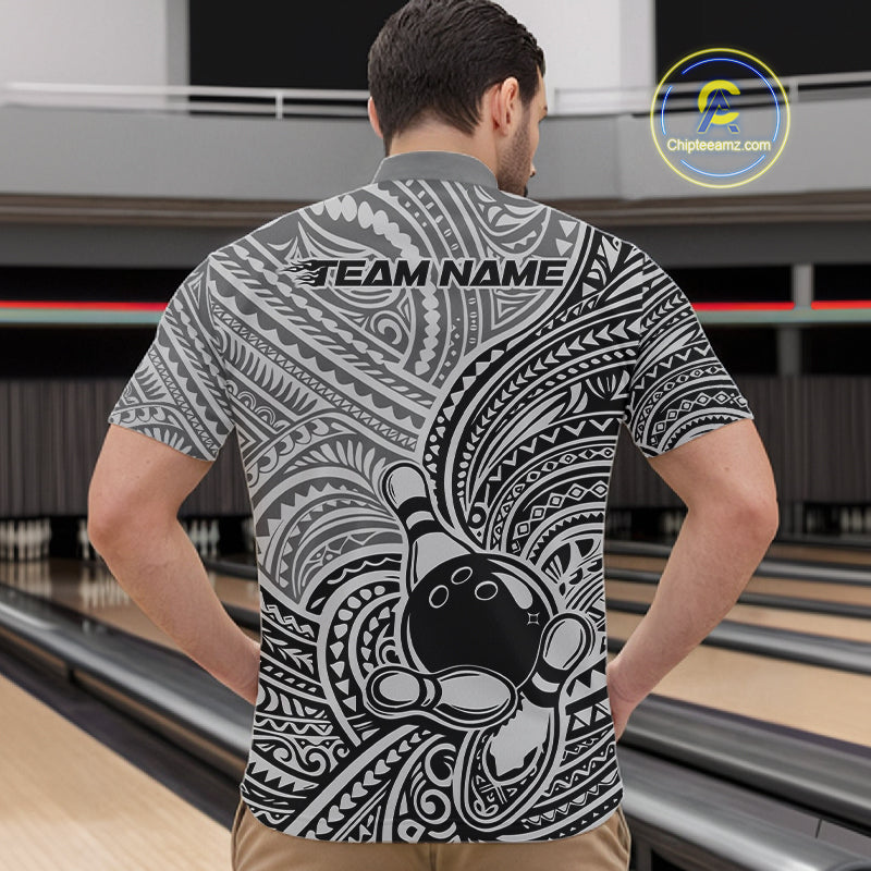 Custom Black And Gray Traditional Samoan Tribal Polynesian Pattern Bowling Men Shirt IPHW10324