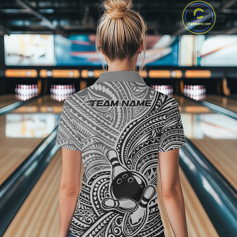 Custom Black And Gray Traditional Samoan Tribal Polynesian Pattern Bowling Women Shirt IPHW10324
