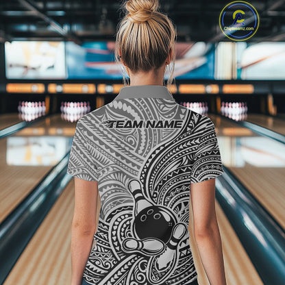 Custom Black And Gray Traditional Samoan Tribal Polynesian Pattern Bowling Women Shirt IPHW10324
