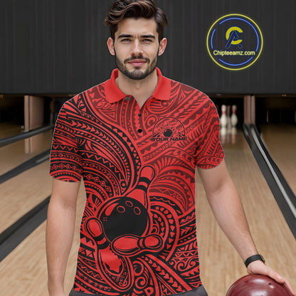 Custom Black And Red Traditional Samoan Tribal Polynesian Pattern Bowling Men Shirt IPHW10325
