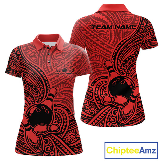 Custom Black And Red Traditional Samoan Tribal Polynesian Pattern Bowling Women Shirt IPHW10325