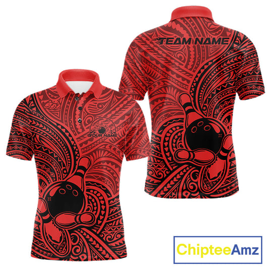Custom Black And Red Traditional Samoan Tribal Polynesian Pattern Bowling Men Shirt IPHW10325