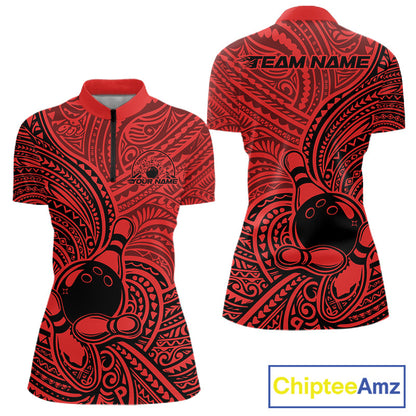 Custom Black And Red Traditional Samoan Tribal Polynesian Pattern Bowling Women Shirt IPHW10325