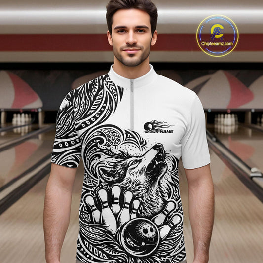 Custom Black And White Tribal Pattern Maori Style Wolf Bowling Team Men Quarter-Zip Shirts IPHW10330
