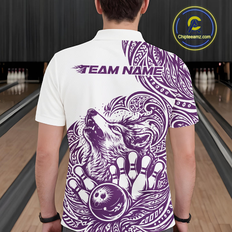 Custom Purple Tribal Pattern Maori Style Wolf Bowling Team Men Polo Shirts IPHW10331