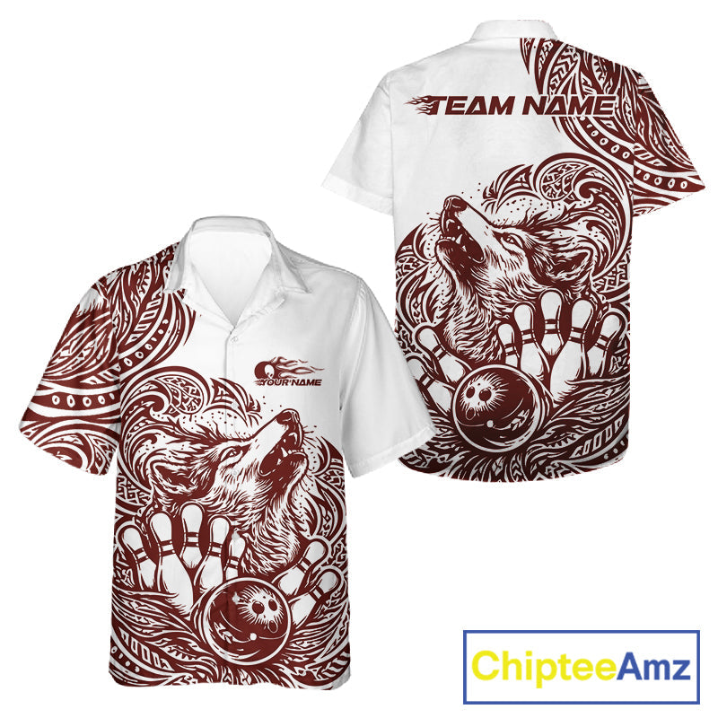 Custom Burgundy Tribal Pattern Maori Style Wolf Bowling Team Men And Women Hawaiian Shirts IPHW10332