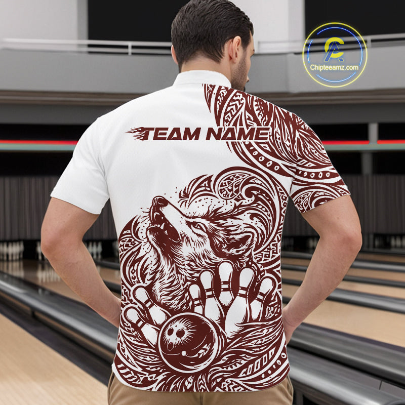 Custom Burgundy Tribal Pattern Maori Style Wolf Bowling Team Men Quarter-Zip Shirts IPHW10332