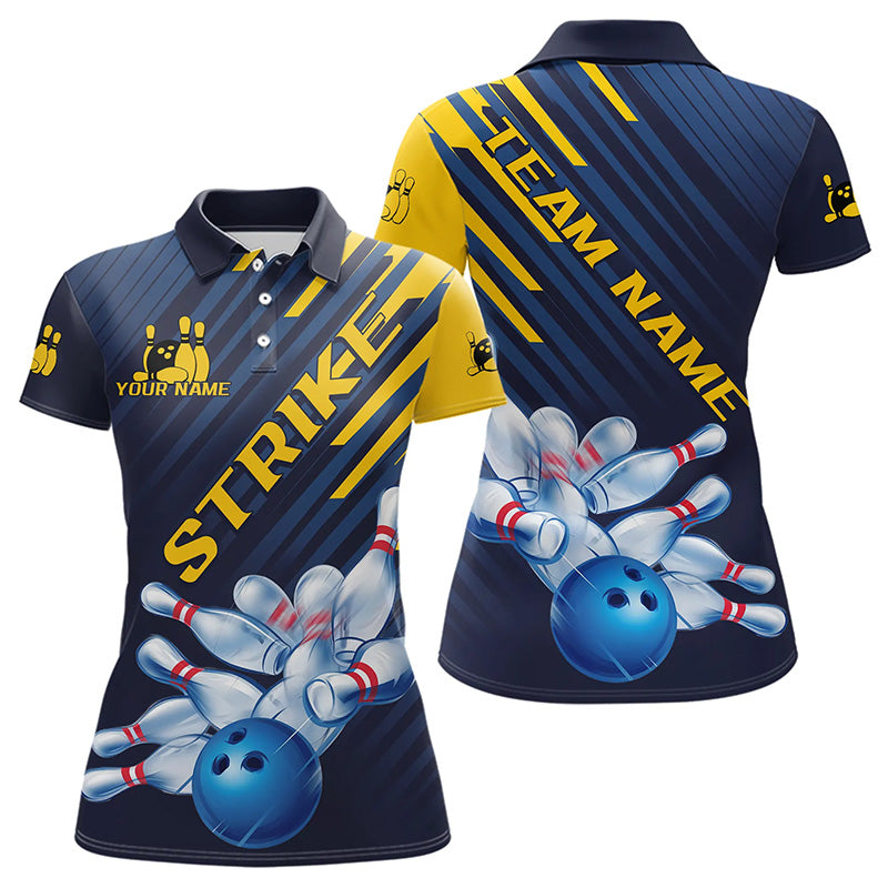 Custom Blue And Yellow Bowling Jerseys, Bowling Team Polo Shirts For Women Bowling Team IPHW8530