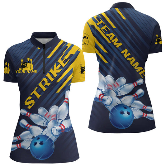Custom Blue And Yellow Bowling Jerseys, Bowling Team Womens Quarter-Zip Shirts IPHW8530
