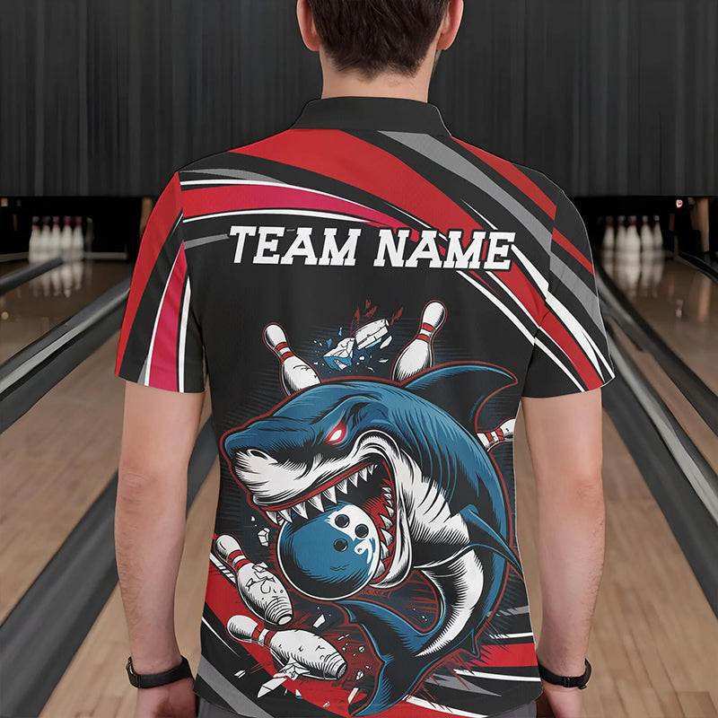 Black And Red Custom Shark Bowling Team Polo Shirts For Men, Shark Bowling League Shirt IPHW8726