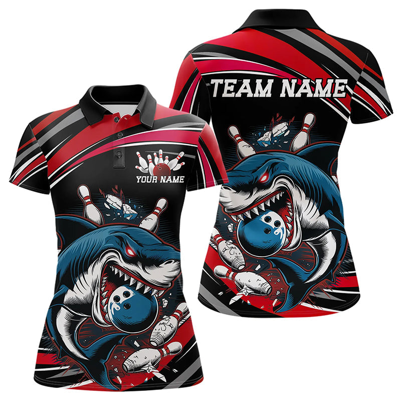 Black And Red Custom Shark Bowling Team Polo Shirts For Women, Shark Bowling League Shirt IPHW8726