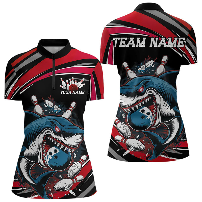 Black And Red Custom Shark Bowling Team Women Quarter-Zip Shirt, Shark Bowling League Shirt IPHW8726