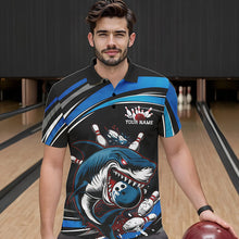 Load image into Gallery viewer, Black And Blue Custom Shark Bowling Team Polo Shirts For Men, Shark Bowling League Shirt IPHW8727